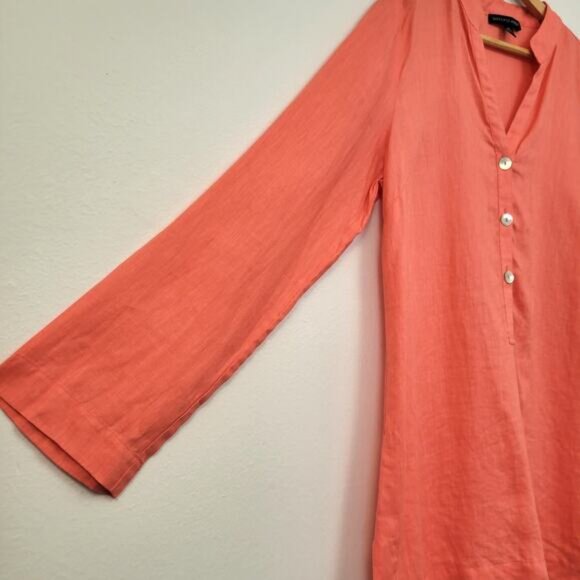 Saks Fifth Avenue Tunic Top Women's Large Coral 100% Linen Long Sleeve Popover - Picture 5 of 10